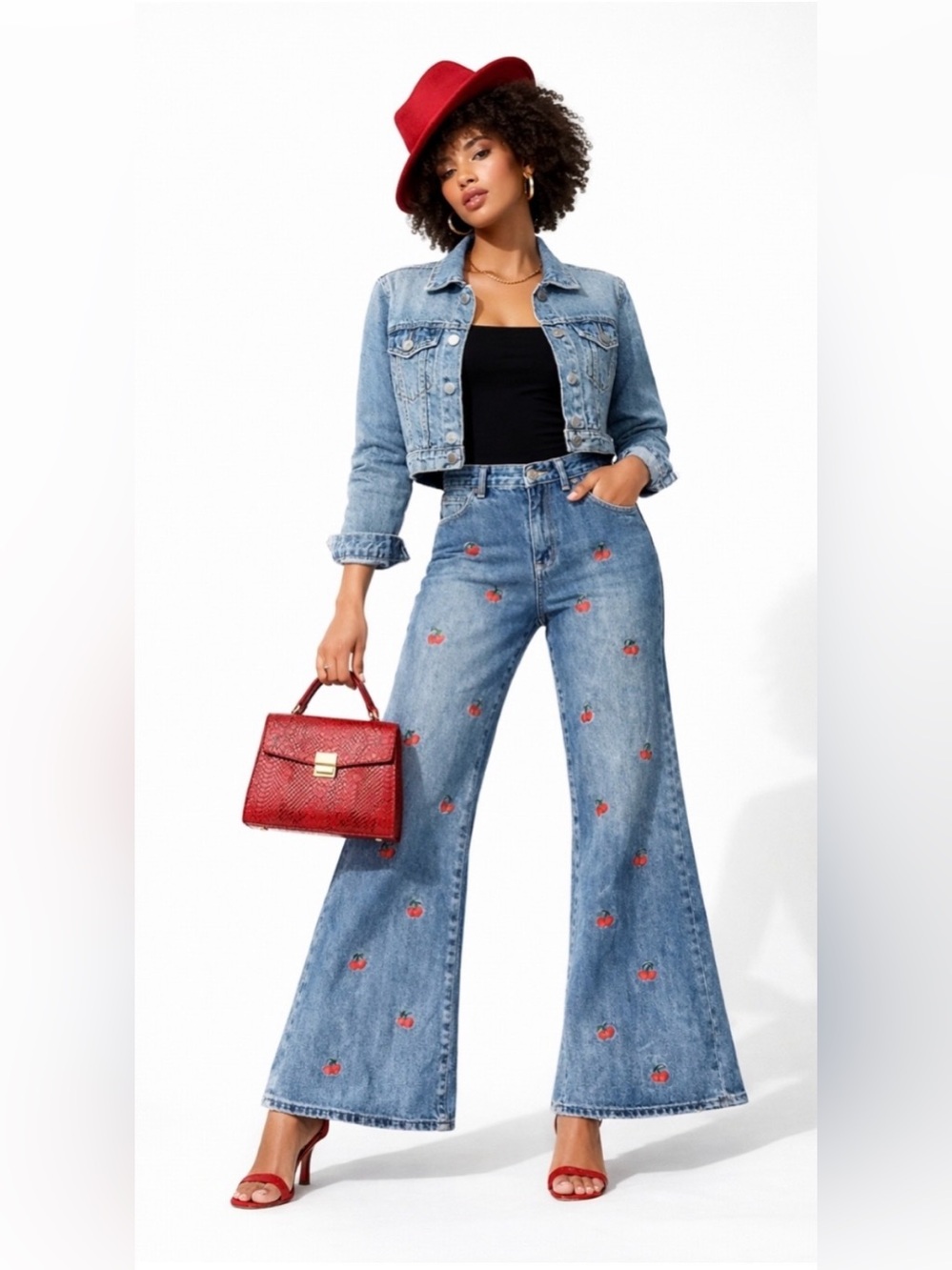 Ashley Mason Blue Denim Wide-Leg Jeans with Cherry Motif